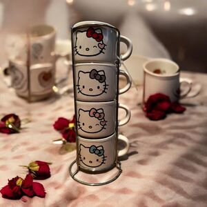 Hello Kitty Stacking Mugs Set of 4 w Stand 10oz Ceramic Cups Cute Sanrio NWT